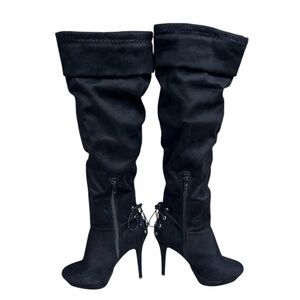 Thalia Sodi Black and Gold Over the Knee Boots